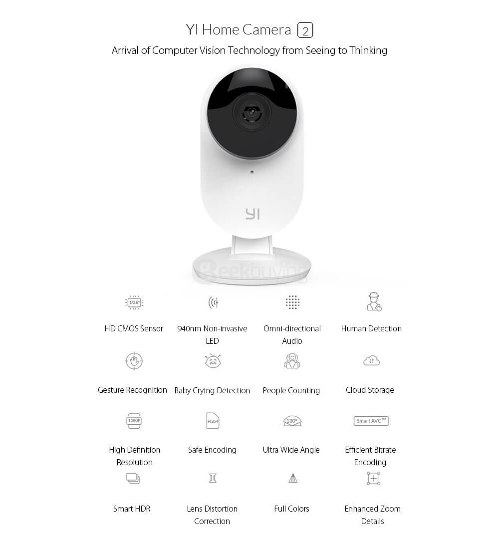 [HK Stock] Official EU Edition Yi Home Camera 2 FHD 1080P Ambarella S2LM 130 Wide Angles Gesture Recognition Human Detection Yi Smart WiFi Camera 2 - White