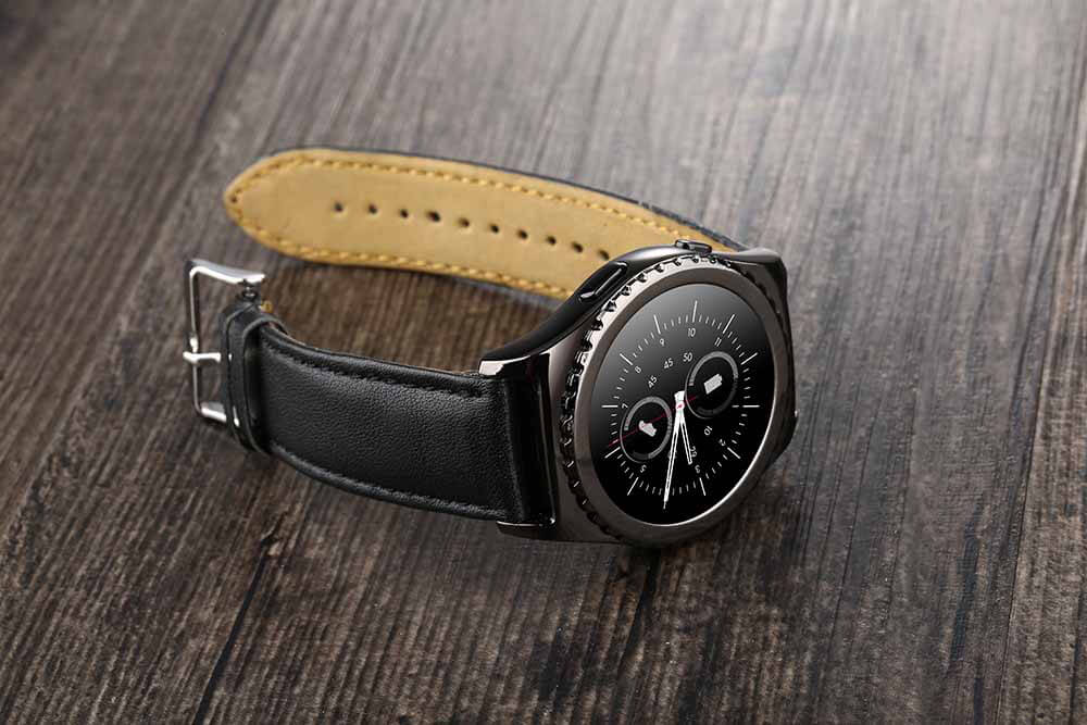 Pi MTK6261 Bluetooth Smart Watch Heart Rate Monitor Sleep Fitness Tracker 1.3 inch TP Sapphire Glass Dial Leather Strap - Black