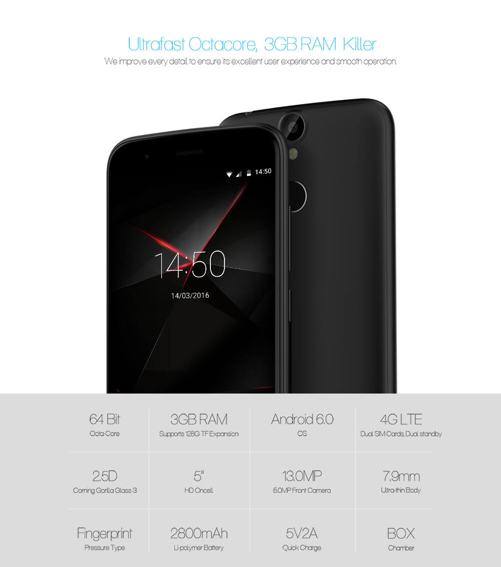 [HK Stock]Vernee Thor 4G LTE 5.0inch HD Android 6.0 3GB 16GB Smartphone 64bit MTK6753 Octa Core 1.3GHz 5.0MP 13.0MP Touch ID OTG Fast Charge - Black
