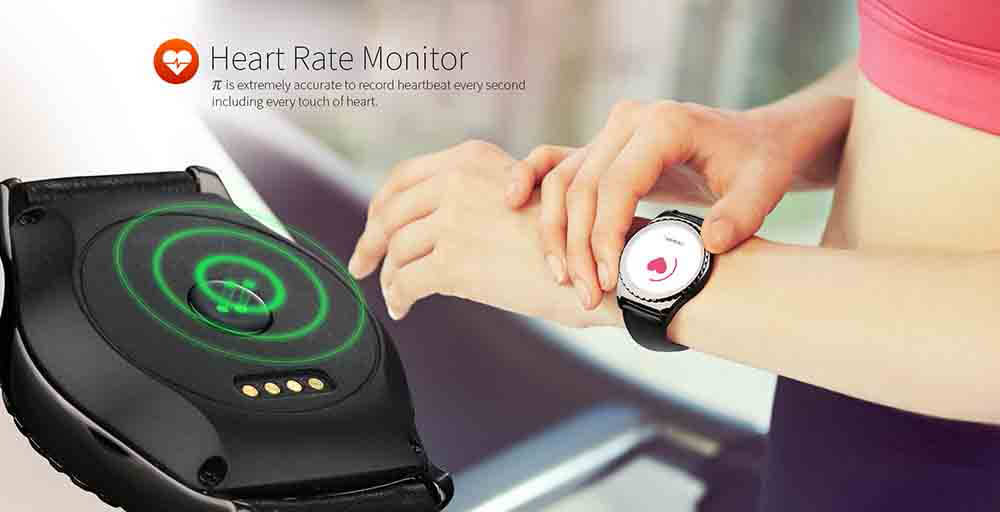 Pi MTK6261 Bluetooth Smart Watch Heart Rate Monitor Sleep Fitness Tracker 1.3 inch TP Sapphire Glass Dial Leather Strap - Black