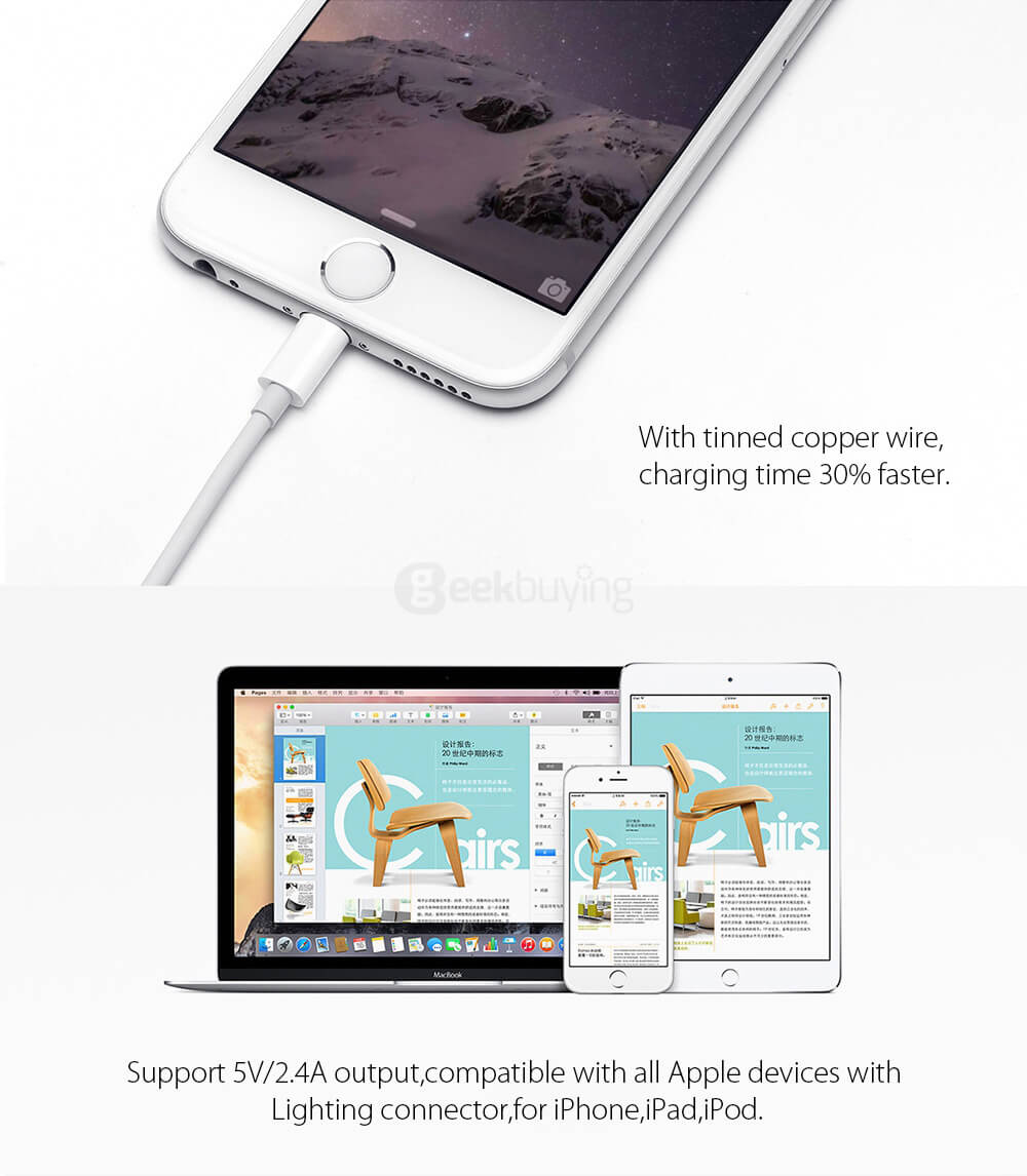 Xiaomi TOPTURBO 8Pin To USB Cable Gilded Interface Charge & Data Sync For iPhone 6 / 6 Plus - White