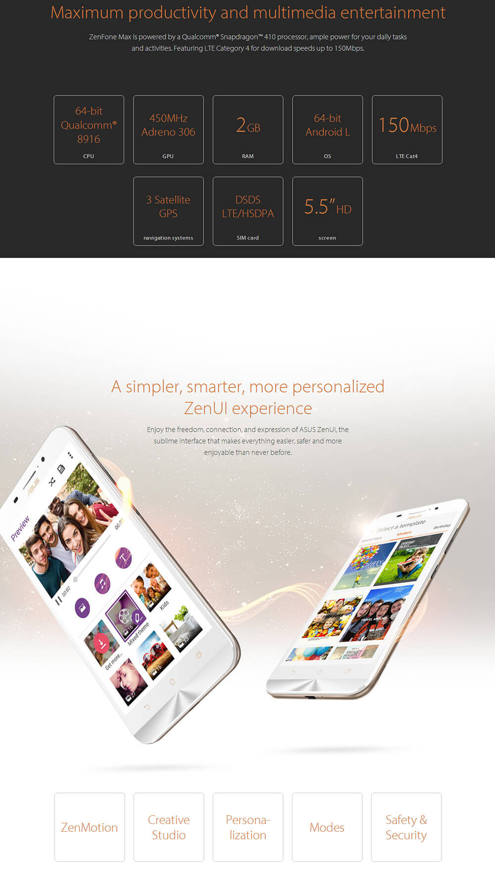 ASUS Zenfone Max 5.5inch 5000mAh Battery 4G LTE Snapdragon MSM8916 Quad Core Smartphone Android 5.0 2GB 16GB 13.0MP OTG - White