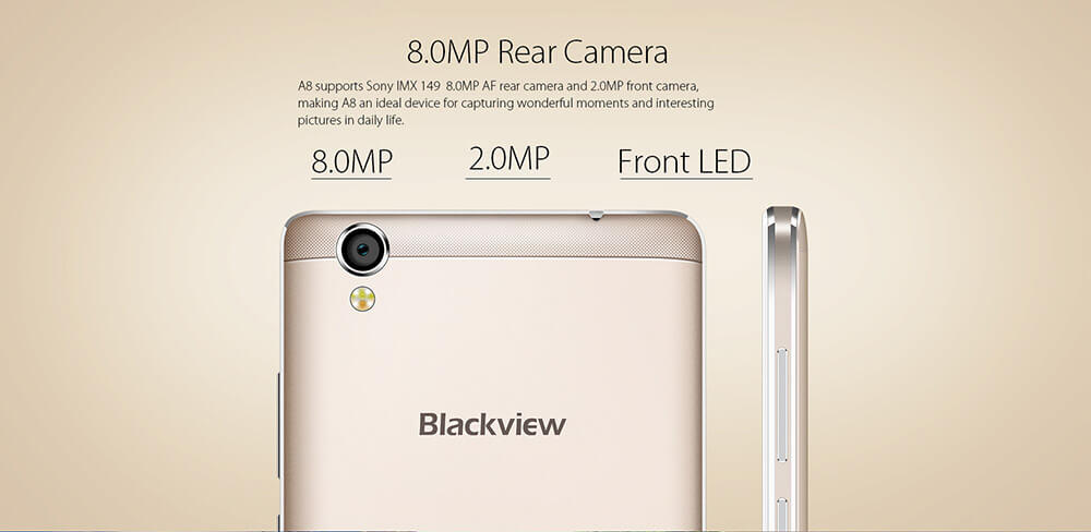 Blackview A8 5.0inch HD Screen 3G Smartphone Android 5.1 1GB RAM 8GB ROM MT6580A Quad Core 1.3GHz 8.0MP WIFI GPS - Gold