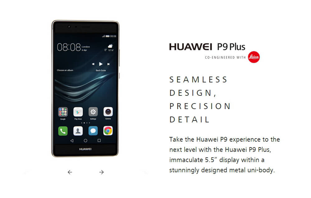 Huawei P9 Plus 5.5inch FHD 4G Smartphone Kirin 955 Octa Core Android 6.0 4GB 64GB Dual 12.0MP Rear Cameras Touch ID Remote Control Type-C Fast Charge - Rose Gold