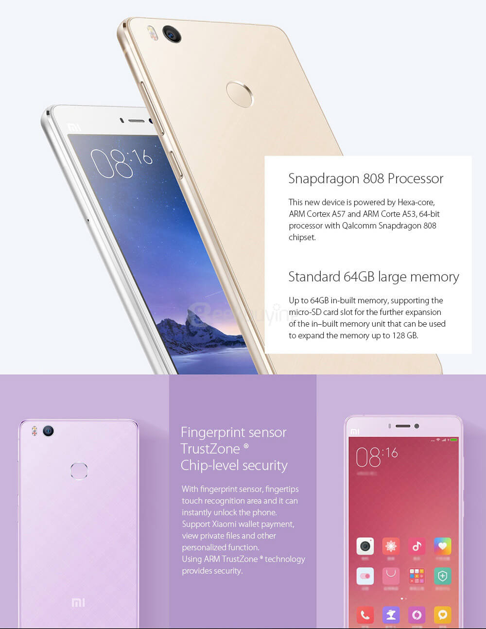 Xiaomi Mi4S /Mi 4S 4G LTE 5.0inch FHD MIUI 7.2 OS 3GB 64GB Smartphone 64-bit Snapdragon 808 Hexa Core 13.0MP Touch ID Type-C QC2.0 - Gold