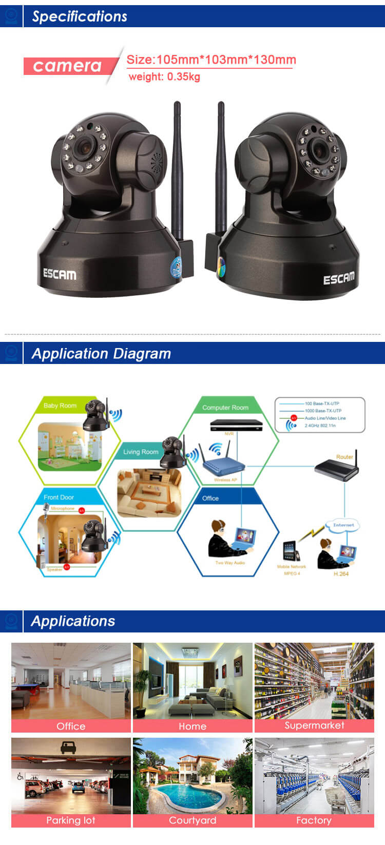 ESCAM Black Pearl QF100 1/4 Inch CMOS 720P P2P IP Dome Camera IR Nightvision ONVIF iOS / Android View