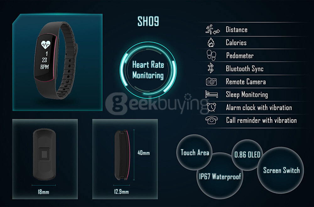 Trasense SH09 Bluetooth 4.0 Smart Bracelet Heart Rate Monitor IP67 0.86