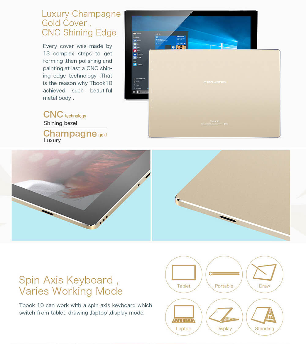 [Spain Stock]Teclast TBook 10 2in1 Tablet 10.1 inch Dual OS Windows 10 + Android 5.1 4GB/64GB Intel Cherry Trail Z8300 Quad Core 1.84GHz IPS 1920*1200 - Gold