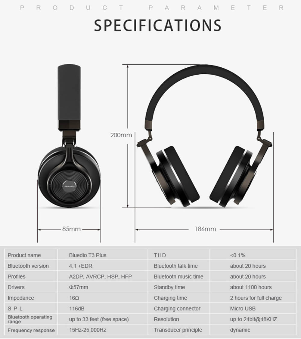 Bluedio T3 Bluetooth4.1 Bass Stereo Headset TF Metal Folding Headphone - Black