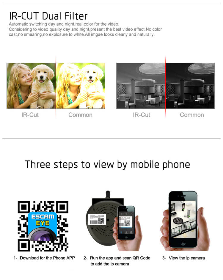 ESCAM Black Pearl QF100 1/4 Inch CMOS 720P P2P IP Dome Camera IR Nightvision ONVIF iOS / Android View