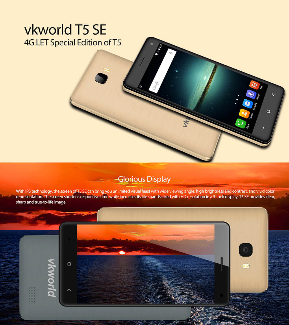 VKWORLD T5 SE 5.0inch IPS HD 4G Android 5.1 Smartphone MTK6735 Quad Core 1GB RAM 8GB ROM 1.0GHz 8.0MP+5.0MP Cameras Dual SIM GPS - Gray
