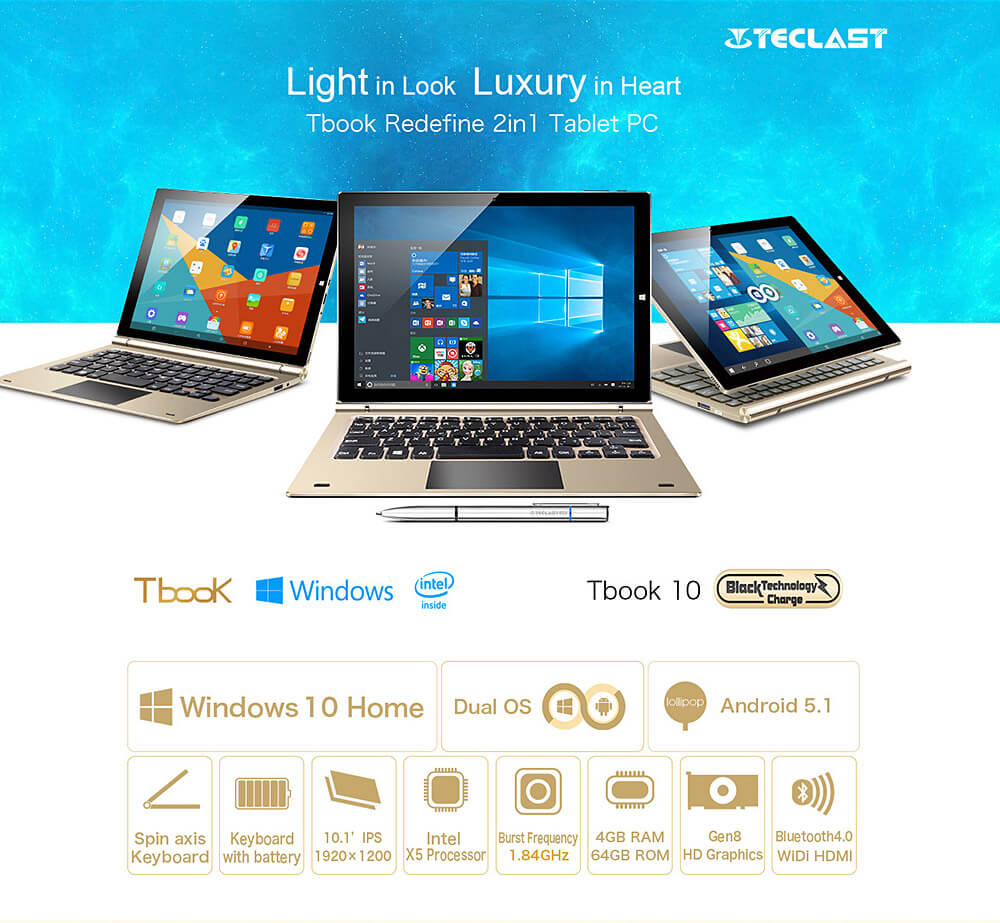 [Spain Stock]Teclast TBook 10 2in1 Tablet 10.1 inch Dual OS Windows 10 + Android 5.1 4GB/64GB Intel Cherry Trail Z8300 Quad Core 1.84GHz IPS 1920*1200 - Gold