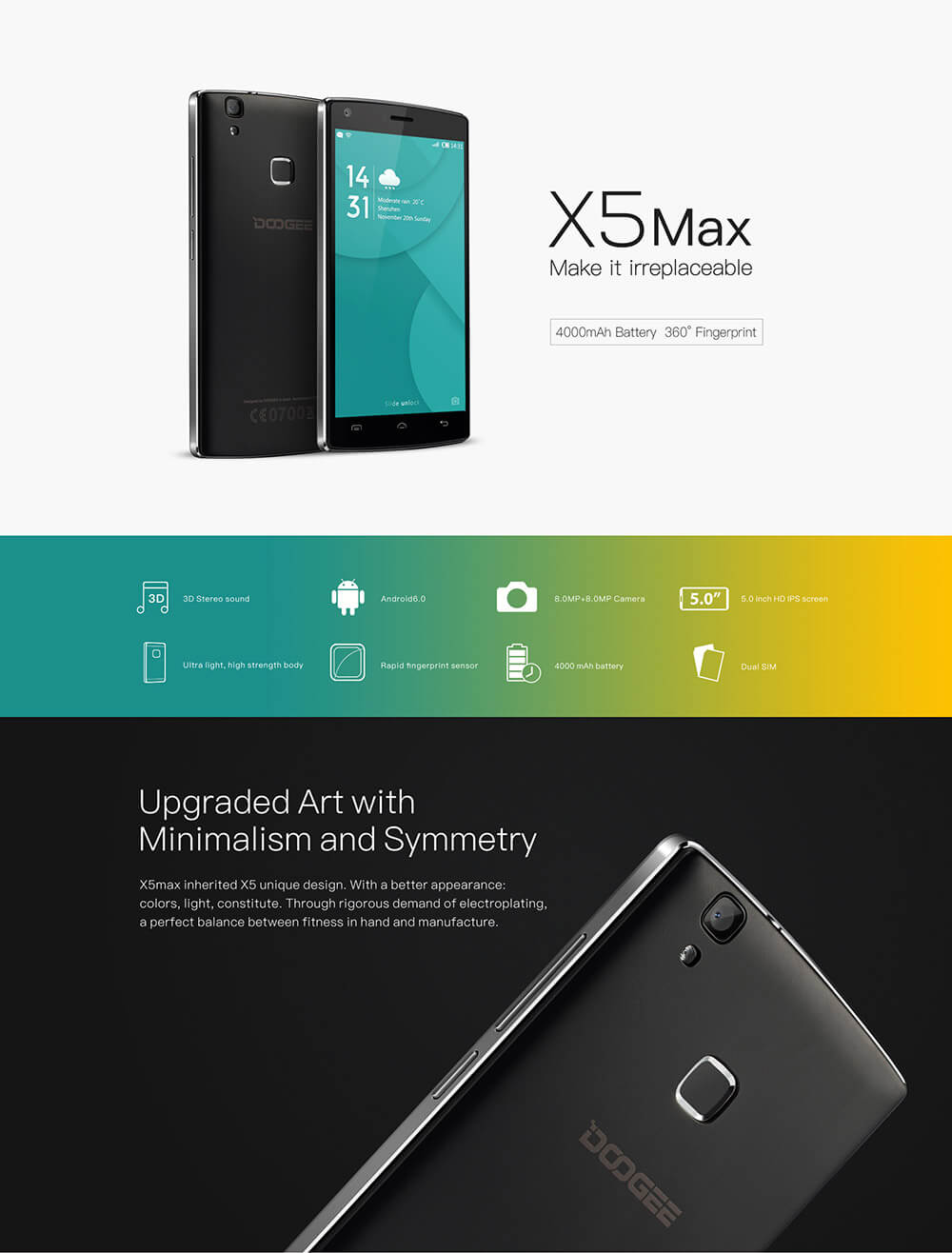 [HK Stock]DOOGEE X5 Max 5.0inch 3G IPS HD Android 6.0 MT6580 Smartphone Quad Core 1.3GHz 1GB 8GB GPS TOUCH ID 4000mAh Battery OTG - White