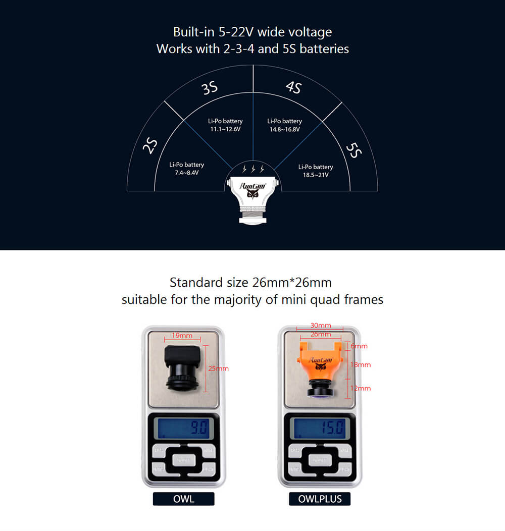 RUNCAM OWL PLUS NTSC 700TVL 5-22V 0.0001 Lux 150Deg. Wide Angle Mini FPV Camera for Drone Quadcopter