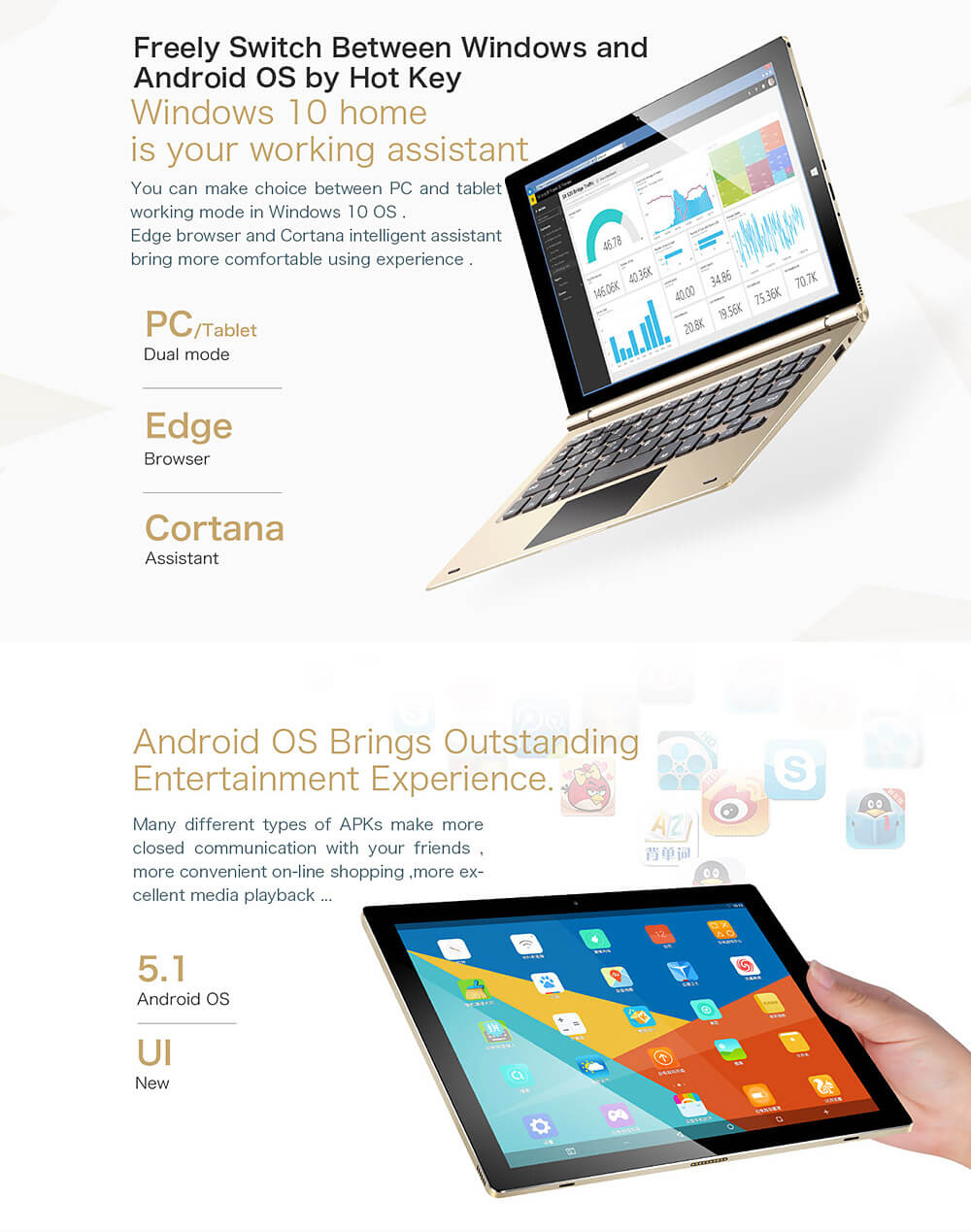 [Spain Stock]Teclast TBook 10 2in1 Tablet 10.1 inch Dual OS Windows 10 + Android 5.1 4GB/64GB Intel Cherry Trail Z8300 Quad Core 1.84GHz IPS 1920*1200 - Gold
