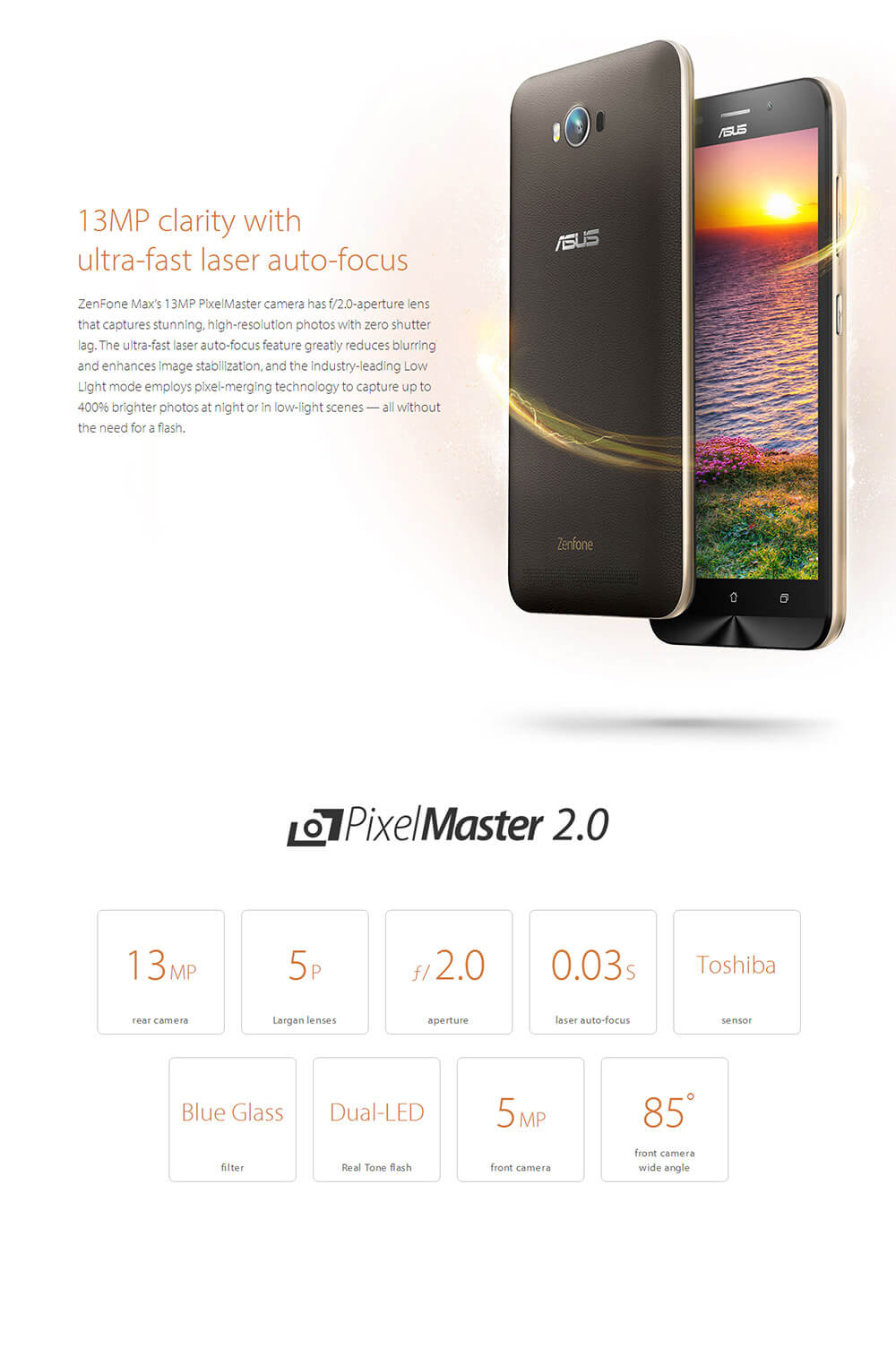 ASUS Zenfone Max 5.5inch 5000mAh Battery 4G LTE Snapdragon MSM8916 Quad Core Smartphone Android 5.0 2GB 16GB 13.0MP OTG - White