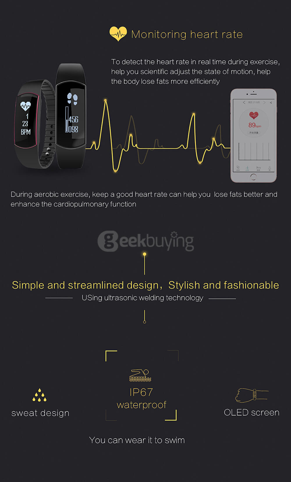 Trasense SH09 Bluetooth 4.0 Smart Bracelet Heart Rate Monitor IP67 0.86