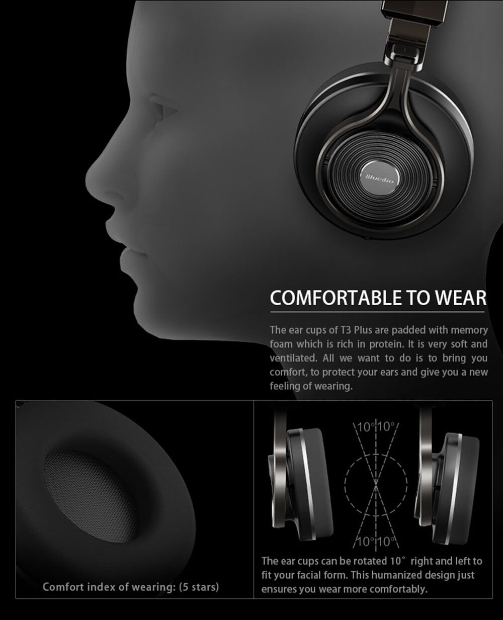 Bluedio T3 Bluetooth4.1 Bass Stereo Headset TF Metal Folding Headphone - Black