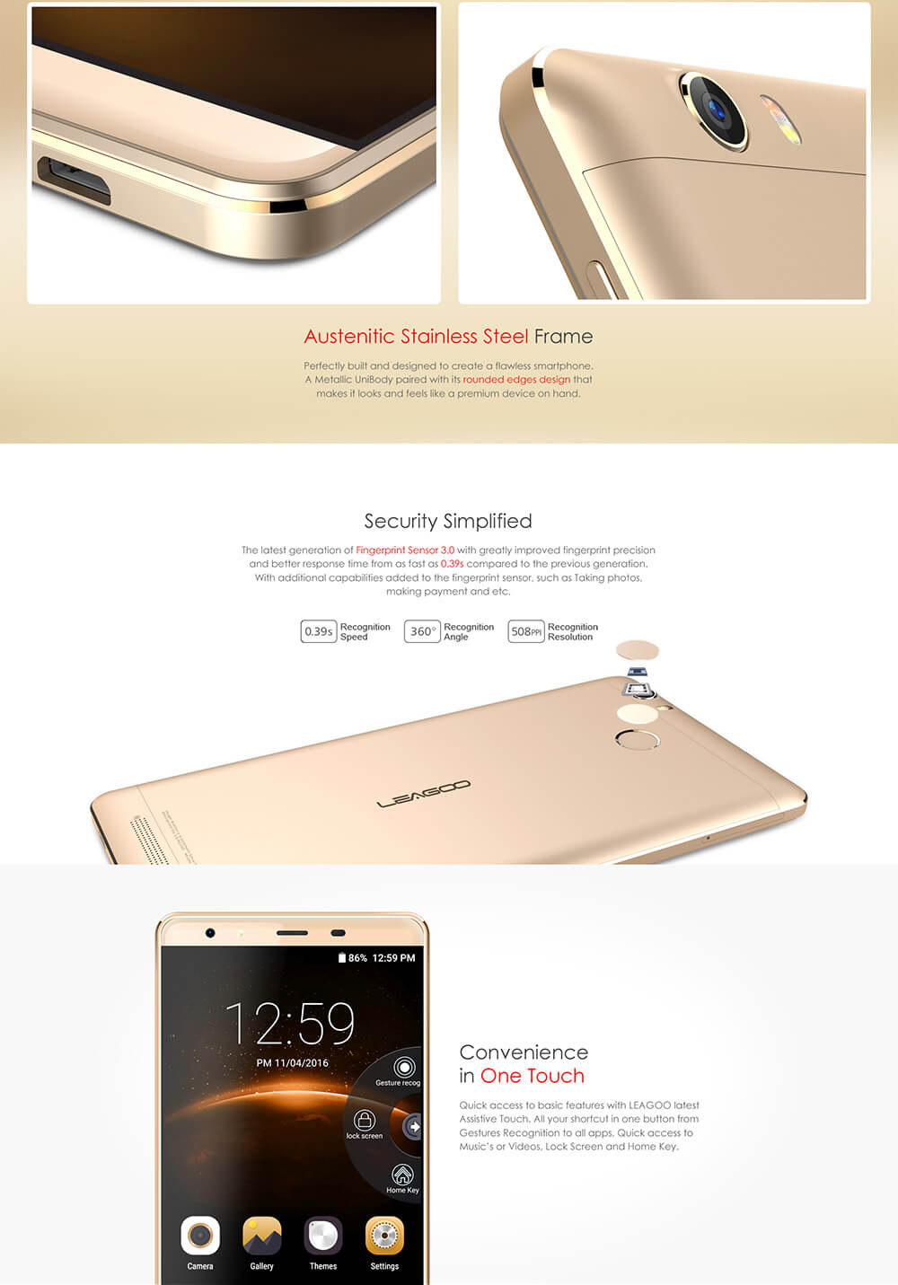 [HK Stock]Leagoo Shark 1 6.0inch FHD 4G LTE 2.5D Screen Android 5.1 3GB 16GB Smartphone 64bit MTK6753 Octa Core 13.0MP Touch ID - Gold