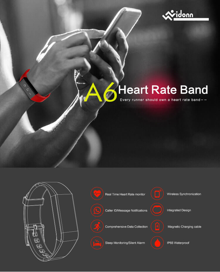Vidonn A6 Heart Rate Monitor Bluetooth Smart Bracelet IP65 Sports Fitness Tracker Sleep Monitor Call / SMS Reminder For iOS Android - Black