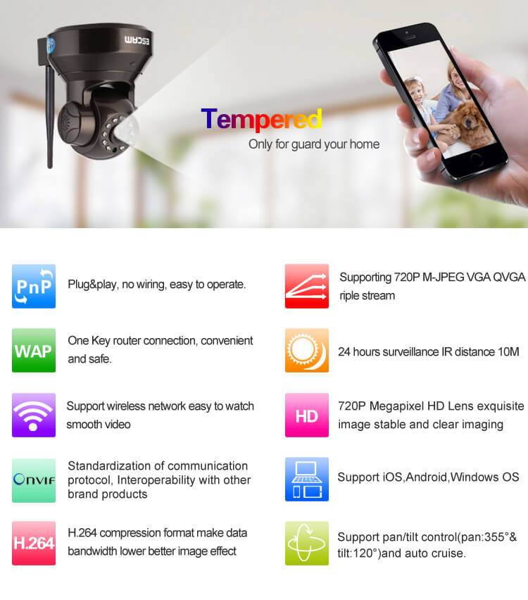 ESCAM Black Pearl QF100 1/4 Inch CMOS 720P P2P IP Dome Camera IR Nightvision ONVIF iOS / Android View