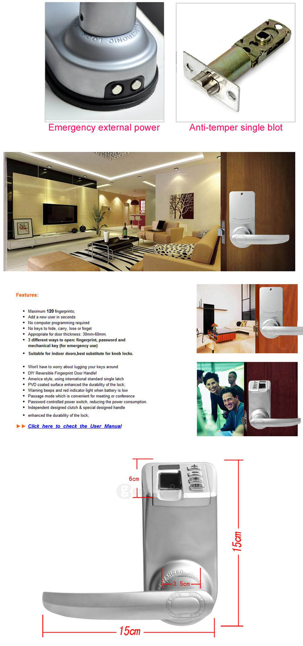 Adel DIY-788 Keyless Biometric Fingerprint Door Lock for Home Security