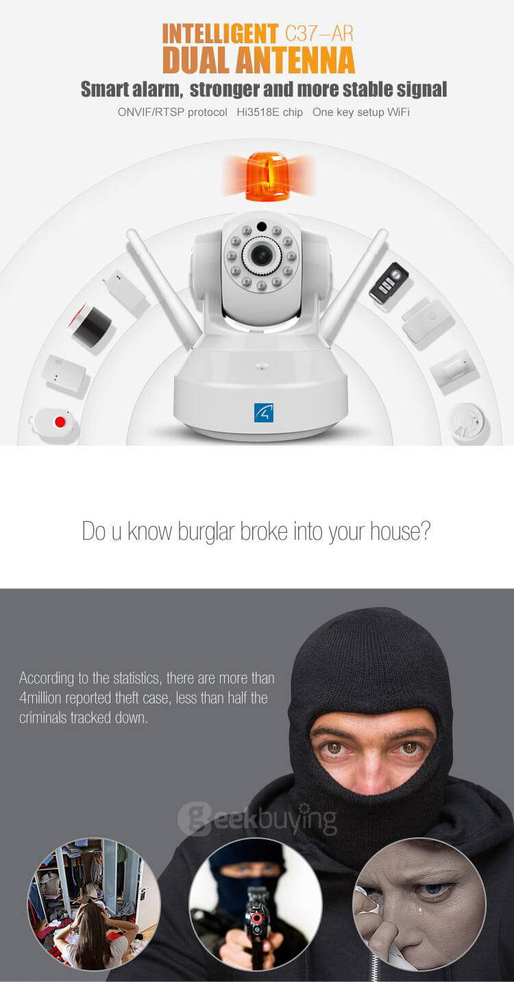 Vstarcam Eye4 C7837WIP-AR IP Camera 720P Wireless Network Intelligent Home Security Alarm System - Black