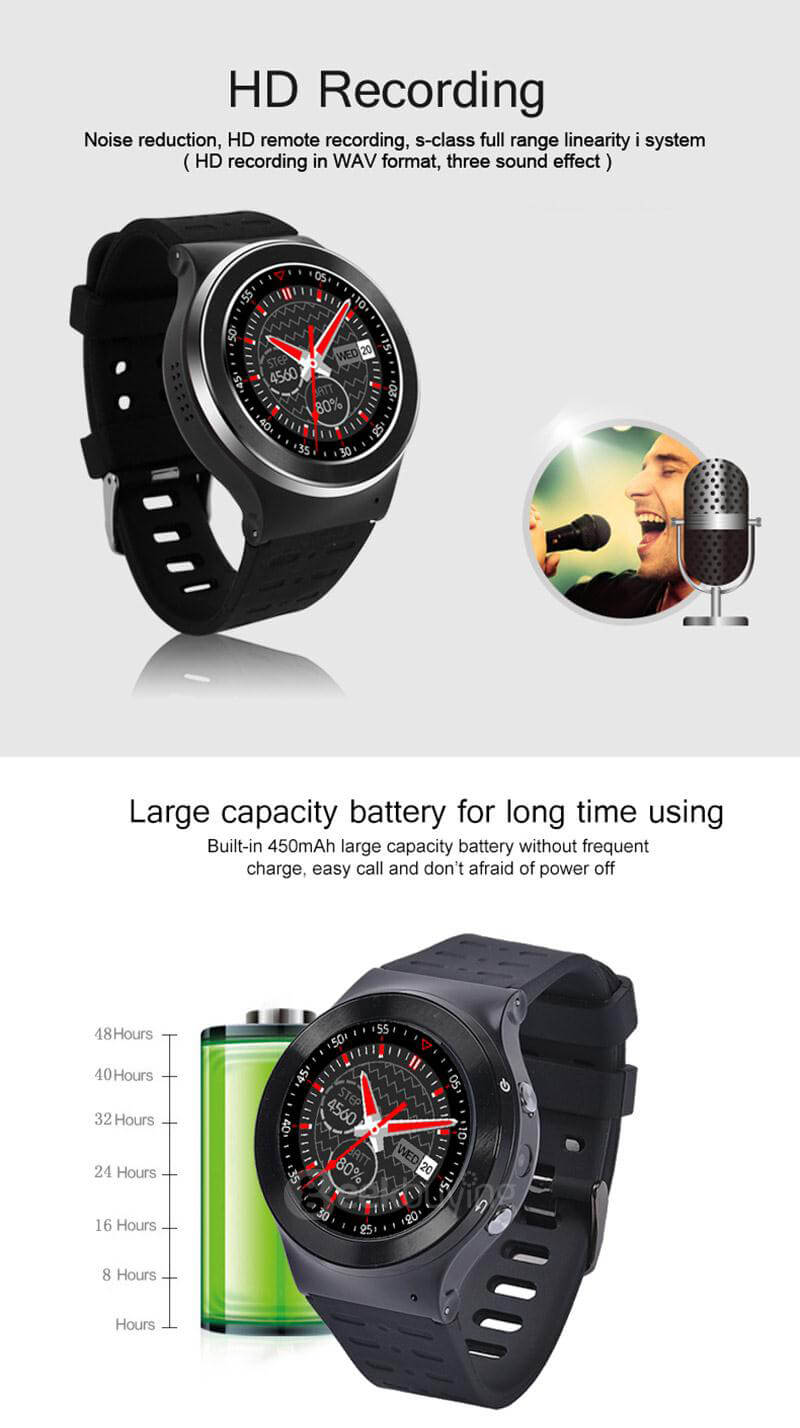 ZGPAX S99 3G Smartwatch Phone Android 5.1 OS 1.33 inch MTK6580 Quad Core 1.3GHz 512MB RAM 8GB ROM Google Play GPS Bluetooth 4.0 WiFi - Black-silver