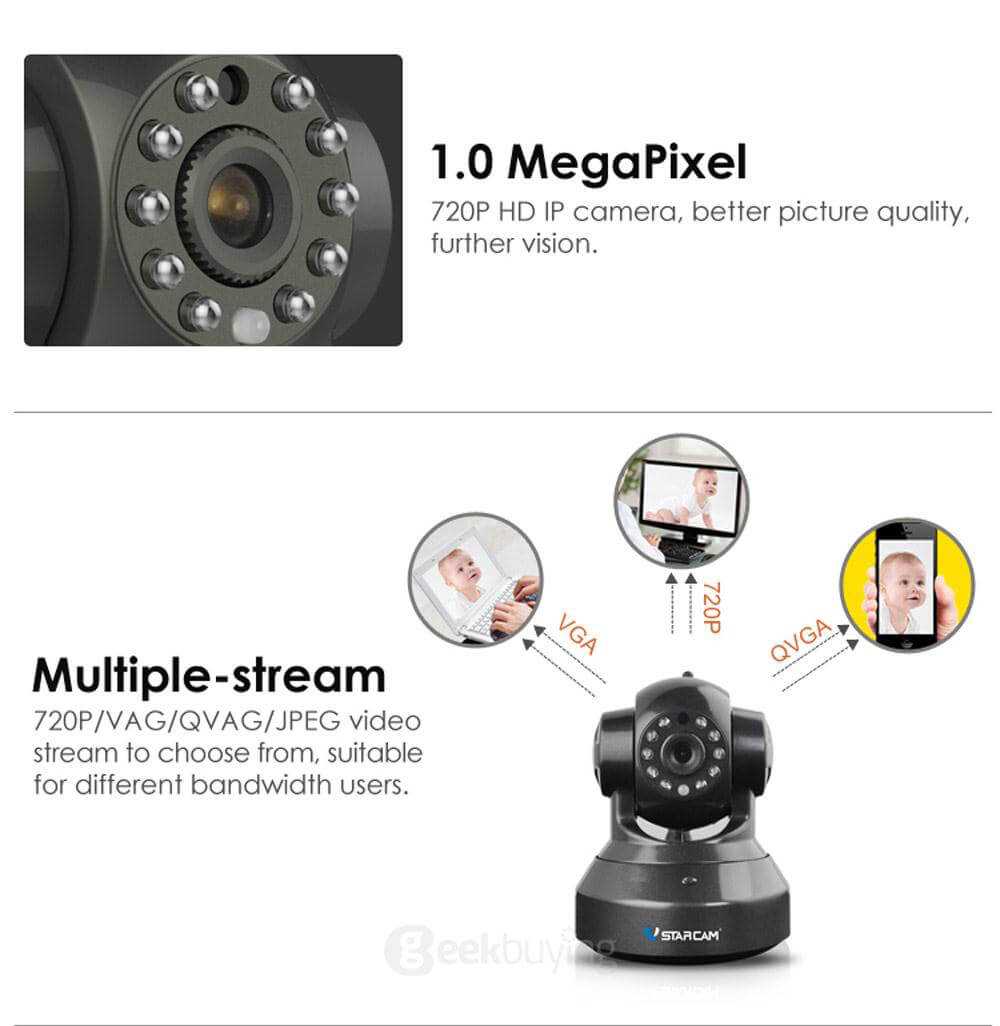 VStarcam C7837WIP IP Camera ONVIF/RTSP Protocol Multi Stream H.264 720P HD Camera - Black