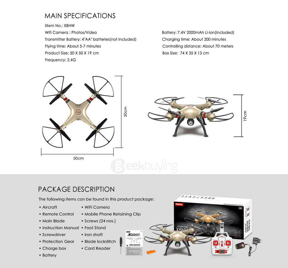 Syma X8HW WIFI FPV With 0.3MP HD Camera Altitude Hold  2.4G 4CH 6Axis RC Quadcopter RTF