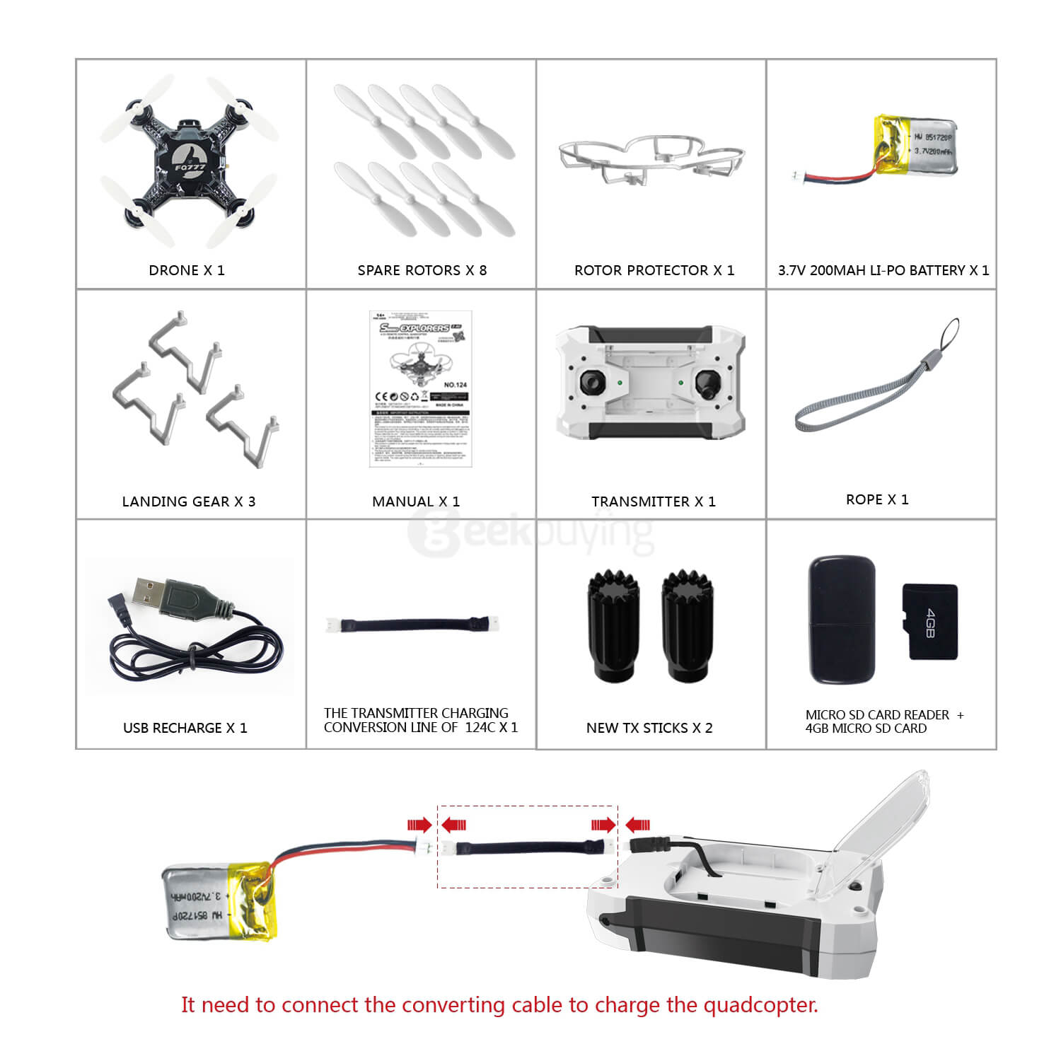 FQ777-124C 2.0MP HD Camera Headless Mode 6-Axis Mini RC Quadcopter RTF - Black
