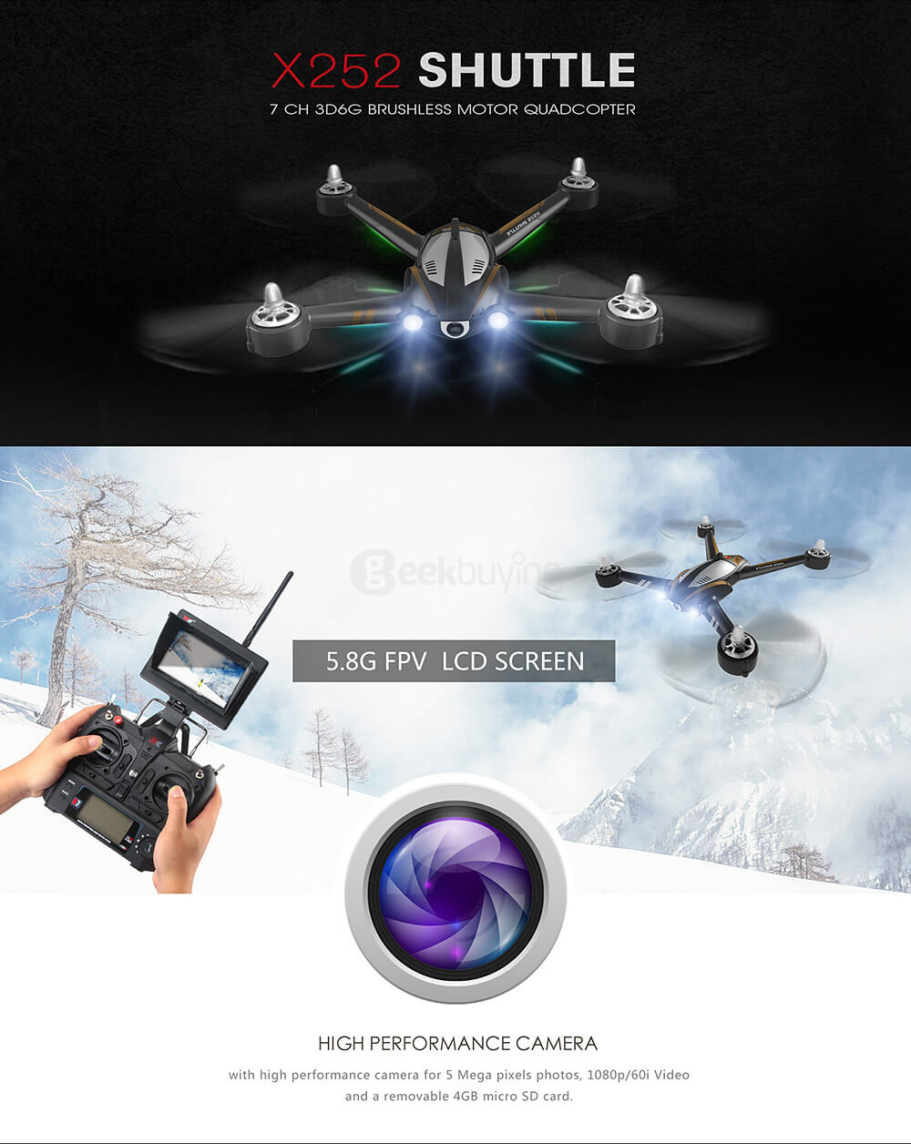 XK X252 5.8G FPV Brushless Motor 6CH Transmitter 3D 6G  With 140 Degrees Wide-Angle HD Camera RC Quadcopter RTF - White