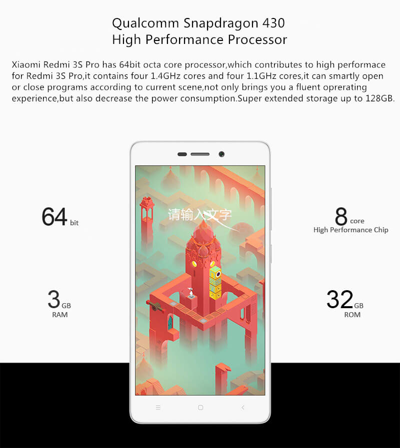 XIAOMI Redmi 3S Pro 5.0inch HD 4G LTE MIUI 7 Smartphone Qualcomm Snapdragon 430 Octa Core 3GB 32GB 5.0MP+13.0MP Touch ID Fast Charge 4100mAh Metal Body - Gold