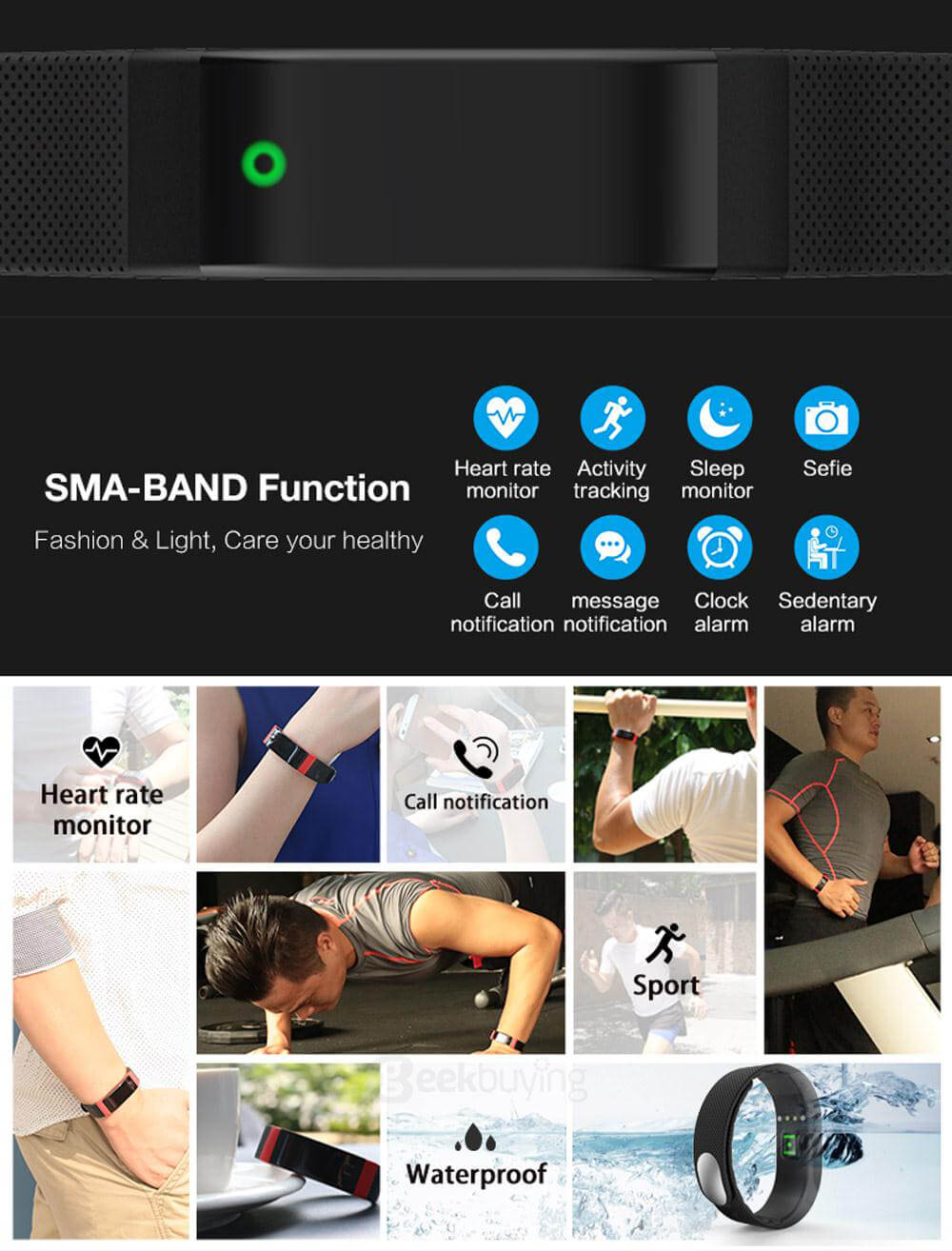 SMA-BAND Bluetooth 4.0 Smart Bracelet Heart Rate Monitor/ Sleep Activity Tracker/ Colorful Breathing Light/ IP65 Waterproof for iOS Android - Purple