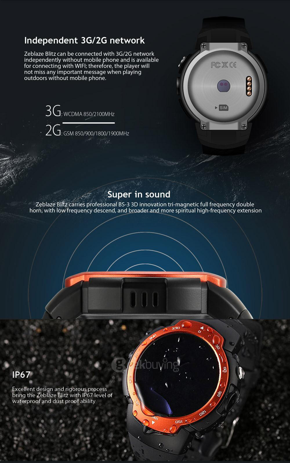 Zeblaze Blitz 3G Smartwatch Phone Android 5.1 MTK6580 Quad Core 1.3GHz 512MB RAM 4GB ROM Bluetooth 4.0 WiFi Google Play GPS Camera - Gray