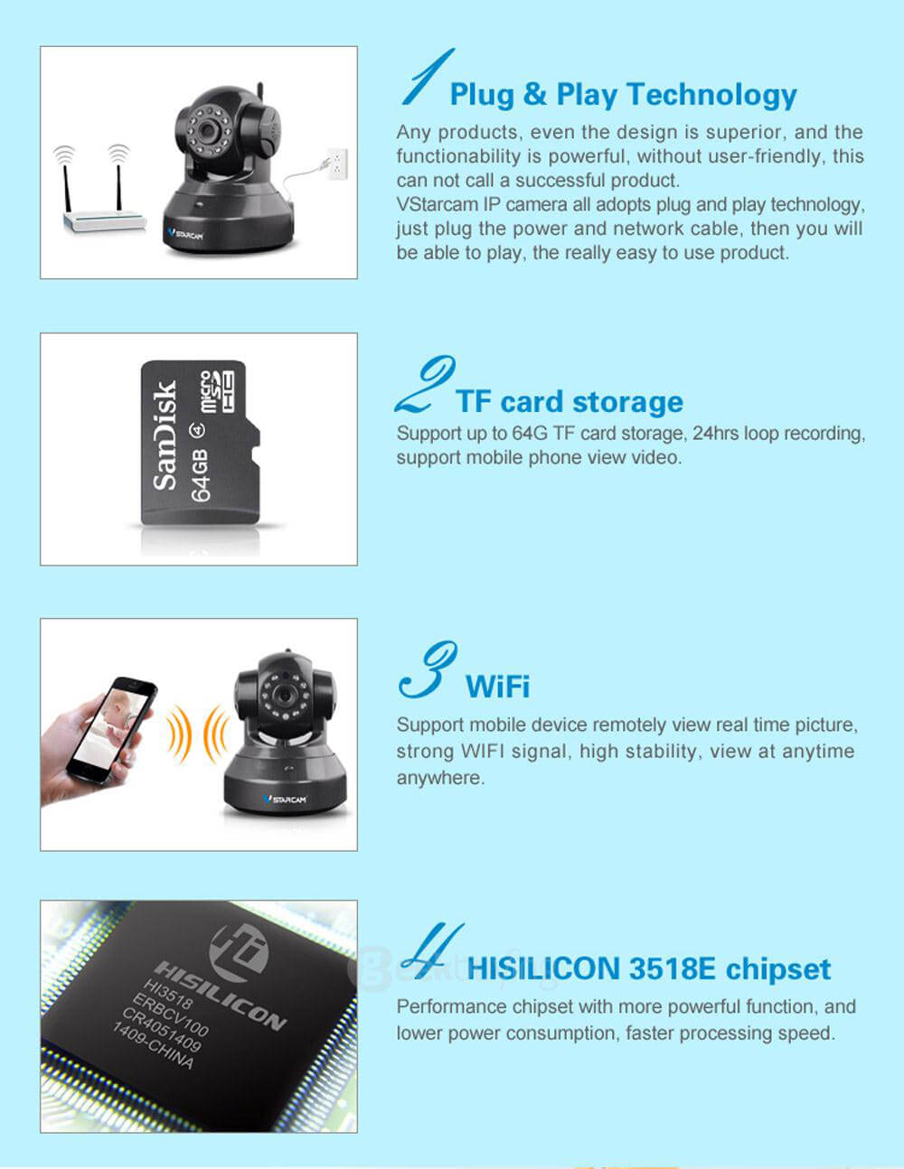 VStarcam C7837WIP IP Camera ONVIF/RTSP Protocol Multi Stream H.264 720P HD Camera - Black