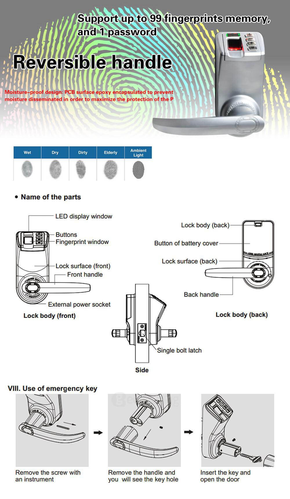 Adel DIY-788 Keyless Biometric Fingerprint Door Lock for Home Security