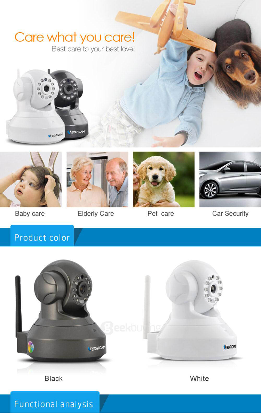 VStarcam C7837WIP IP Camera ONVIF/RTSP Protocol Multi Stream H.264 720P HD Camera - Black