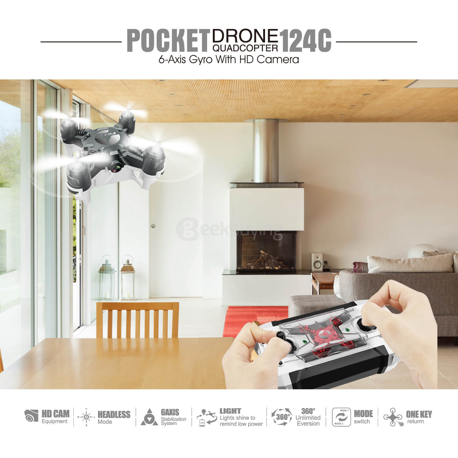 FQ777-124C 2.0MP HD Camera Headless Mode 6-Axis Mini RC Quadcopter RTF - Black