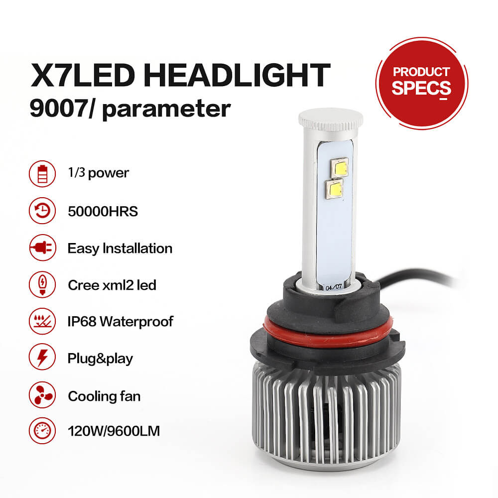 X7 9007-6000K-A 60W 4800LM LED Car Headlight Kit IP68 Auto Lighting System Car LED Bulb