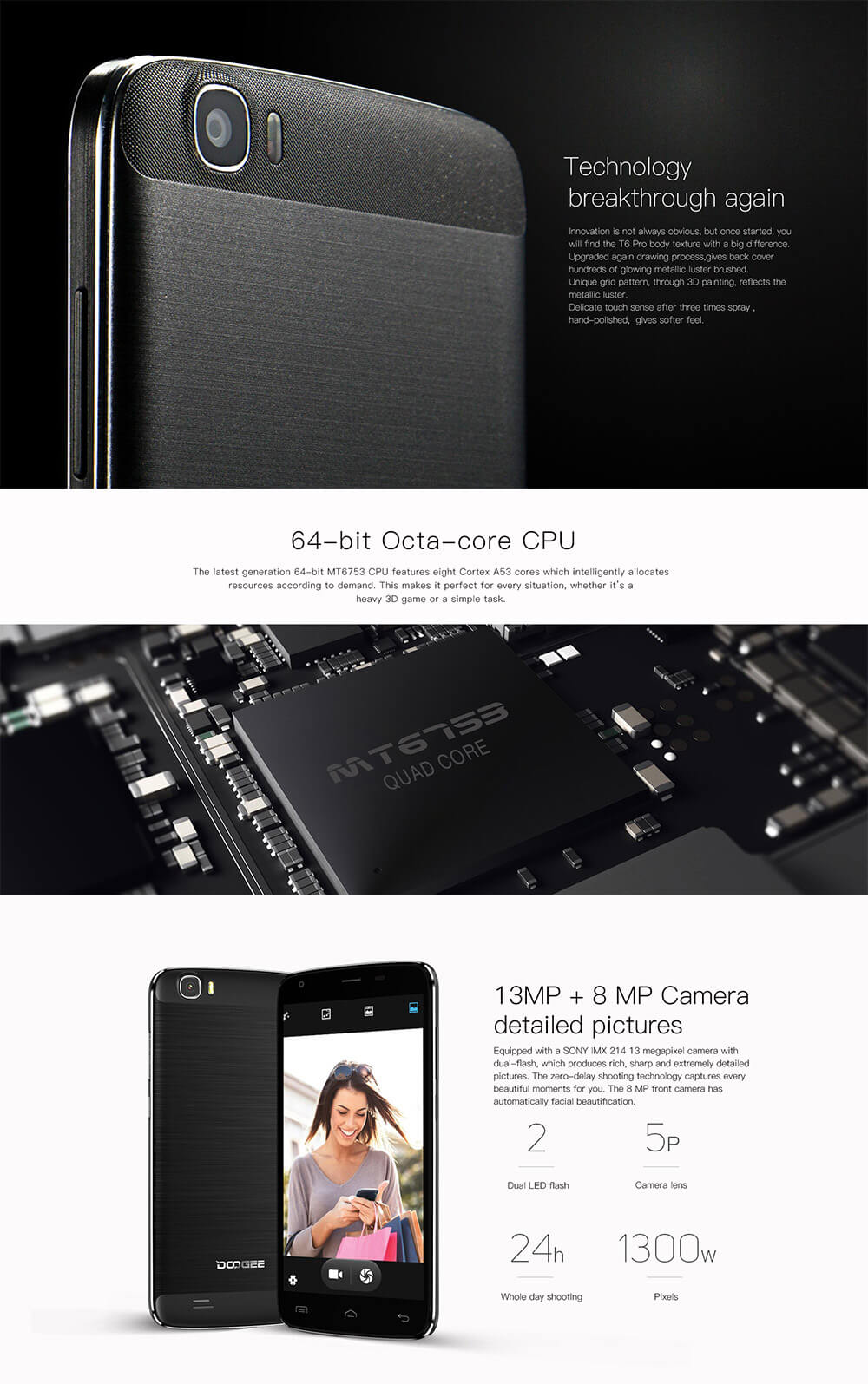 [HK Stock]DOOGEE T6 Pro 5.5inch IPS HD 4G LTE 6250mAh Battery Android 6.0 Smartphone MT6753 64-bit Octa Core 3GB 32GB 13.0MP Fast Charge OTG - White