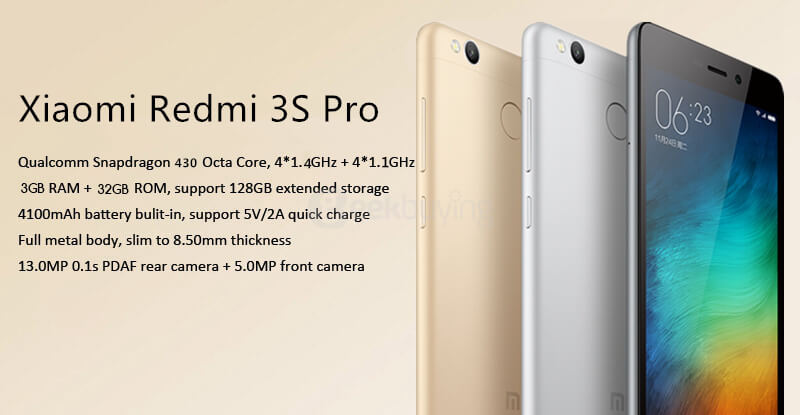 XIAOMI Redmi 3S Pro 5.0inch HD 4G LTE MIUI 7 Smartphone Qualcomm Snapdragon 430 Octa Core 3GB 32GB 5.0MP+13.0MP Touch ID Fast Charge 4100mAh Metal Body - Gold