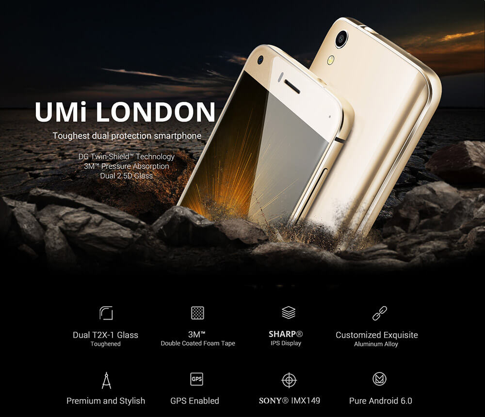 [HK Stock][Package B]UMI LONDON 5.0inch 2.5D HD Screen Android 6.0 3G MT6580 Quad Core 1GB RAM 8GB ROM Smartphone(Gold) + Soft Case + Tempered Glass + Special Gift