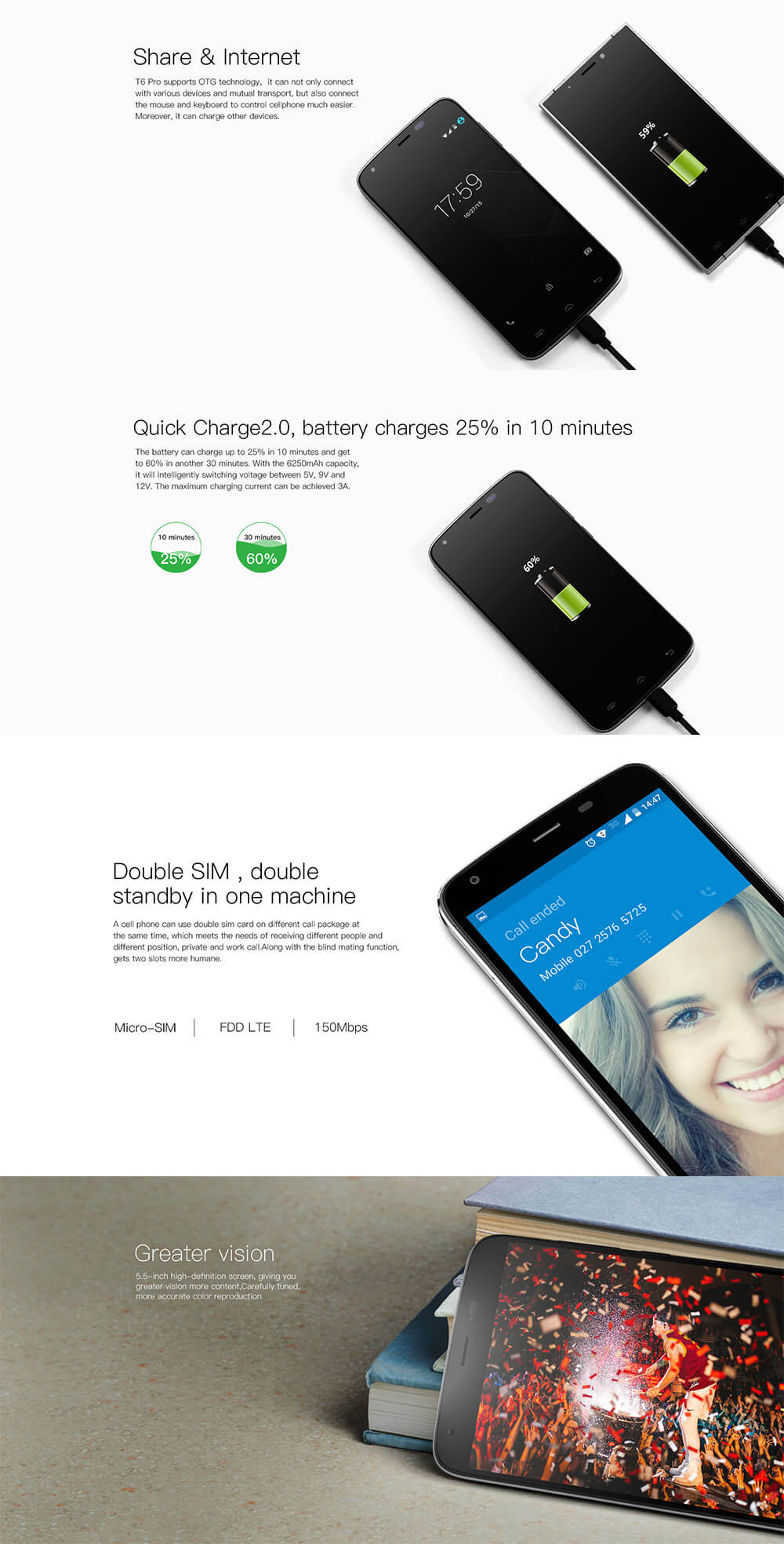 [HK Stock]DOOGEE T6 Pro 5.5inch IPS HD 4G LTE 6250mAh Battery Android 6.0 Smartphone MT6753 64-bit Octa Core 3GB 32GB 13.0MP Fast Charge OTG - White