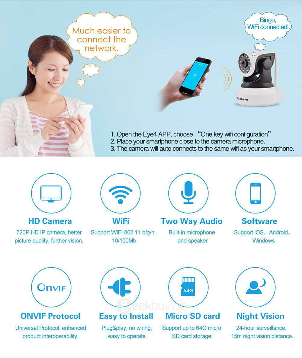 VStarcam C7824WIP HD 720P WiFi Indoor IP Camera ONVIF2.0 Sonic Transfer Fast Code Matching