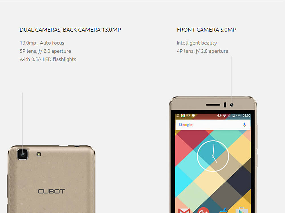 [HK Stock]CUBOT RAINBOW 5.0inch HD Screen 3G Android 6.0 OS Smartphone MT6580 Quad Core 1.3GHz 1GB RAM 16GB ROM 13.0MP Camera OTG Google Play - Gold