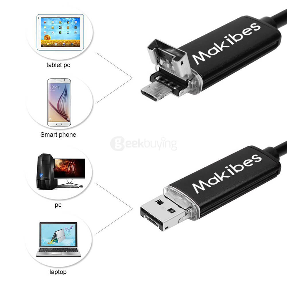 Makibes Android OTG Endoscope 2.0MP Camera Combo USB/Micro 8mm 5M Cable Professional Testing Tool for Android Mobile Phones / PC - Black