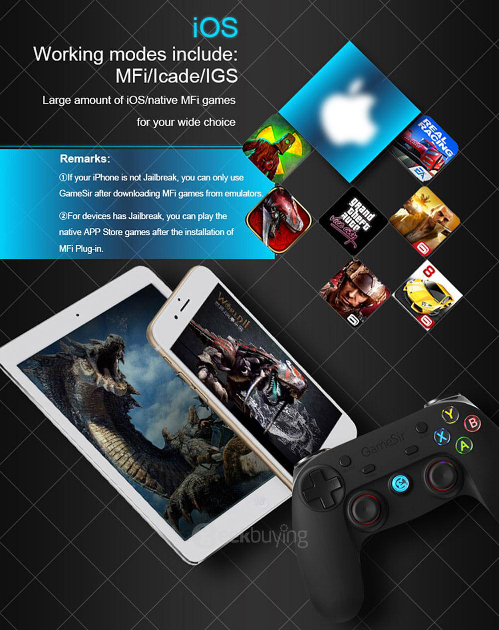 GameSir G3s Enhanced Edition Wireless Gamepad 2.4GHz Bluetooth 4.0 Connection Game Controller for iOS/Android/Windows/PS3 - Black