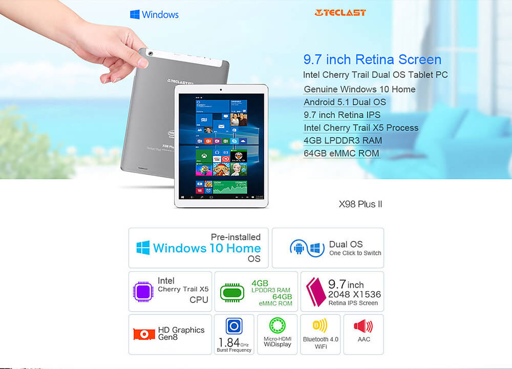 Teclast X98 Plus II 2in1 Tablet Intel Cherry Trail Z8300 9.7 inch Dual OS Windows 10 + Android 5.1 4GB/64GB Quad Core 1.84GHz IPS Retina 2048*1536 Screen - Gray