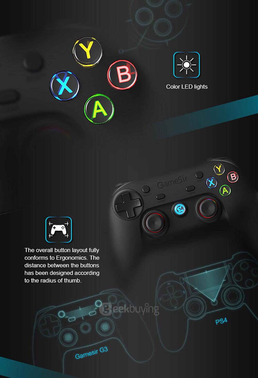 GameSir G3s Enhanced Edition Wireless Gamepad 2.4GHz Bluetooth 4.0 Connection Game Controller for iOS/Android/Windows/PS3 - Black